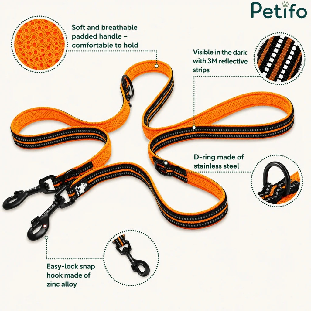 An infographic diagram highlighting the key features and premium materials of the orange Petifo dog leash.