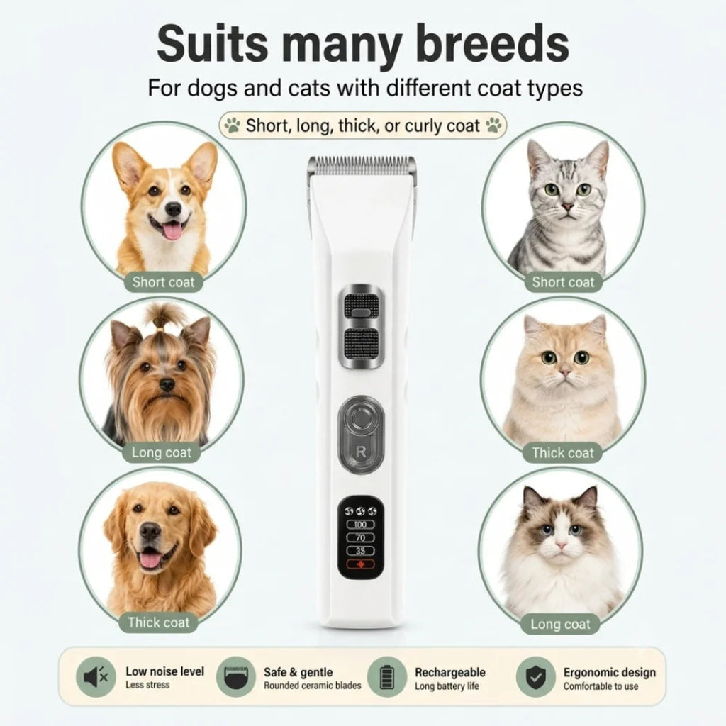 Infographic showing the trimmer is suitable for various cat and dog breeds.