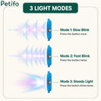 Infographic displaying the three adjustable blinking and steady light modes of the Petifo LED dog light.