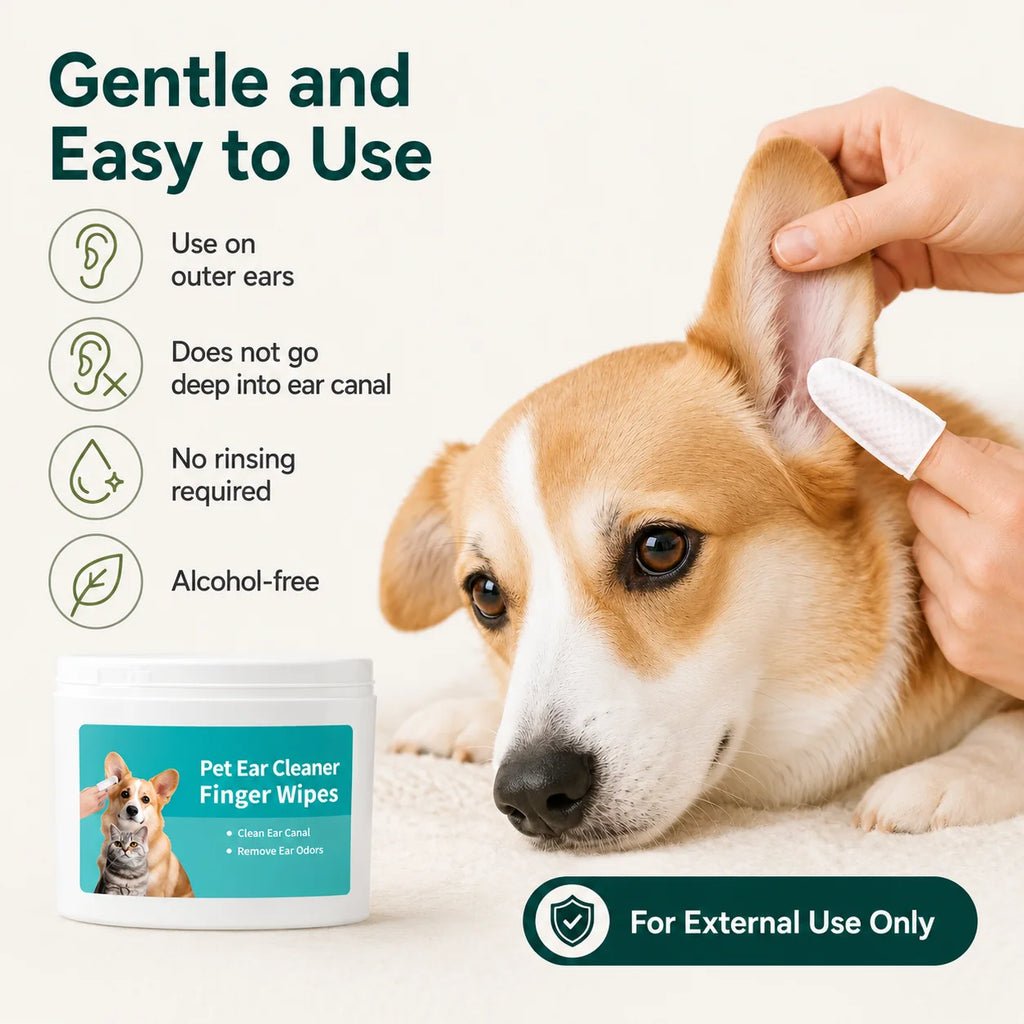 Infographic showing gentle ear cleaning on a corgi dog using alcohol-free pet ear cleaner finger wipes.