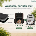 Infographic comparing the washable, stable mat of the Petifo carrier featuring short plush, nylon fabric, and black edge fabric against a standard PP board.