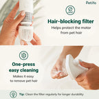 Infographic demonstrating the hair-blocking filter and one-press easy cleaning features of the Petifo pet dryer.