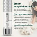 Infographic highlighting the smart temperature control button, built-in NTC sensor, and manual temperature levels of the Petifo pet dryer.