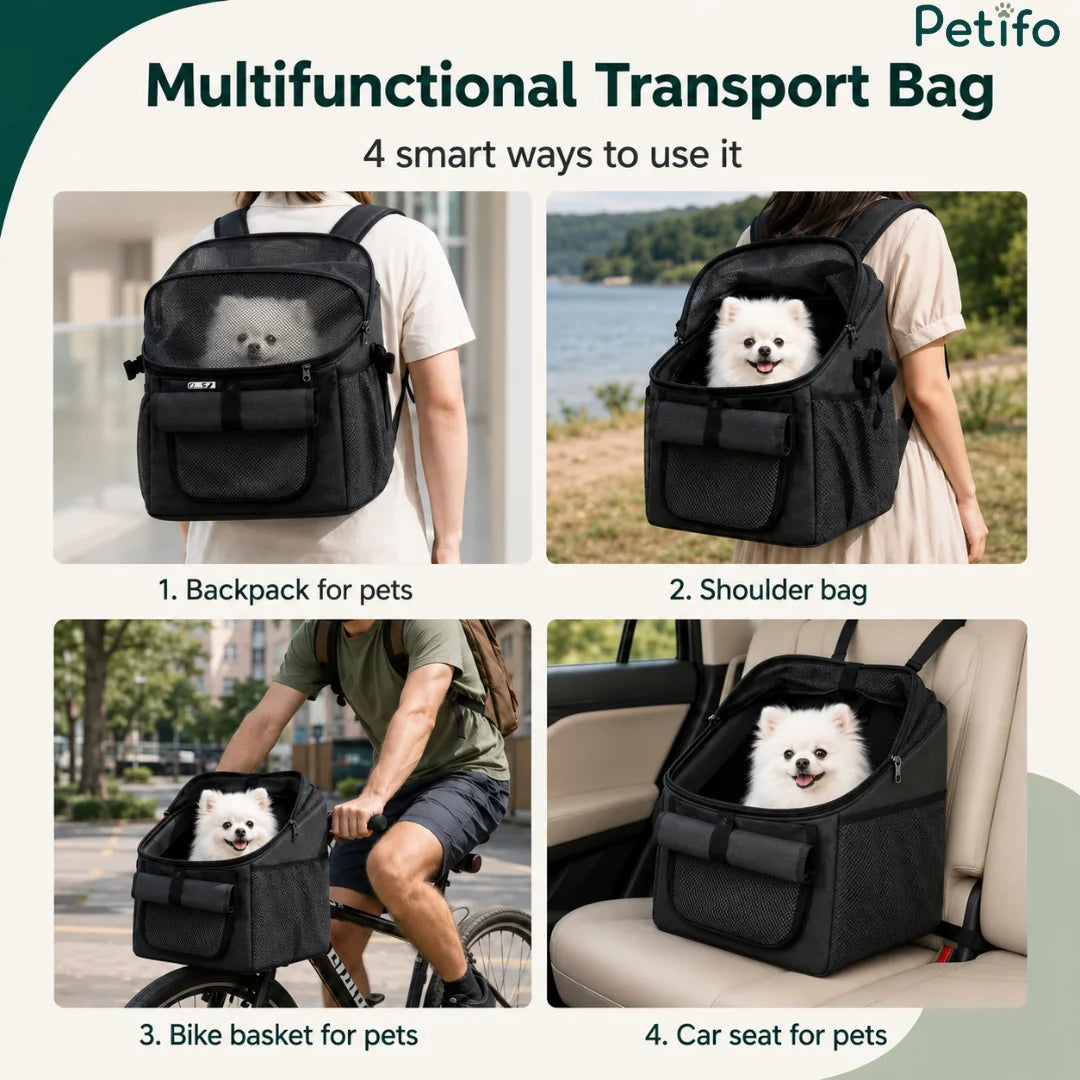 Infographic displaying the 4 smart ways to use the Petifo multifunctional transport bag as a backpack, shoulder bag, bike basket, and car seat.