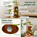 Informational graphic detailing six key features of a stable, multi-level tree-style cat tower for multiple cats.