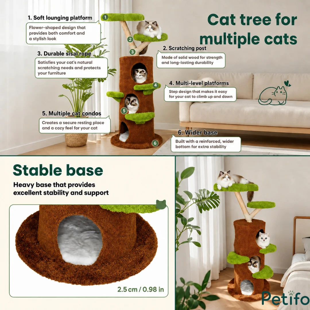 Informational graphic detailing six key features of a stable, multi-level tree-style cat tower for multiple cats.