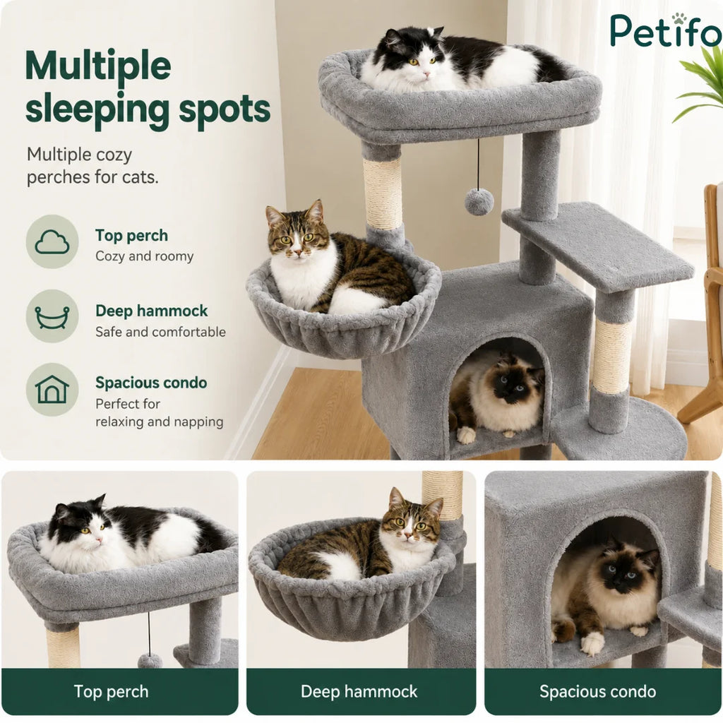Informative graphic detailing the multiple sleeping spots of our cat tree, including the top perch, deep hammock, and spacious cat condo.