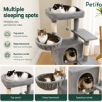 Informative graphic detailing the multiple sleeping spots of our cat tree, including the top perch, deep hammock, and spacious cat condo.