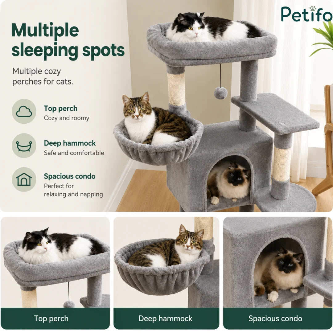 Informative graphic detailing the multiple sleeping spots of our cat tree, including the top perch, deep hammock, and spacious cat condo.