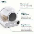 This smart cat litter box features an infrared radar that pauses the cleaning process for safety, a control panel for managing functions