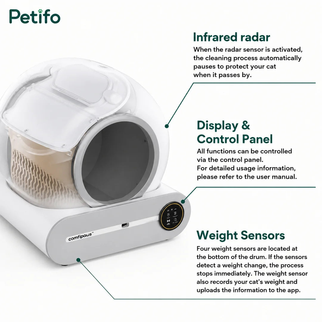 This smart cat litter box features an infrared radar that pauses the cleaning process for safety, a control panel for managing functions