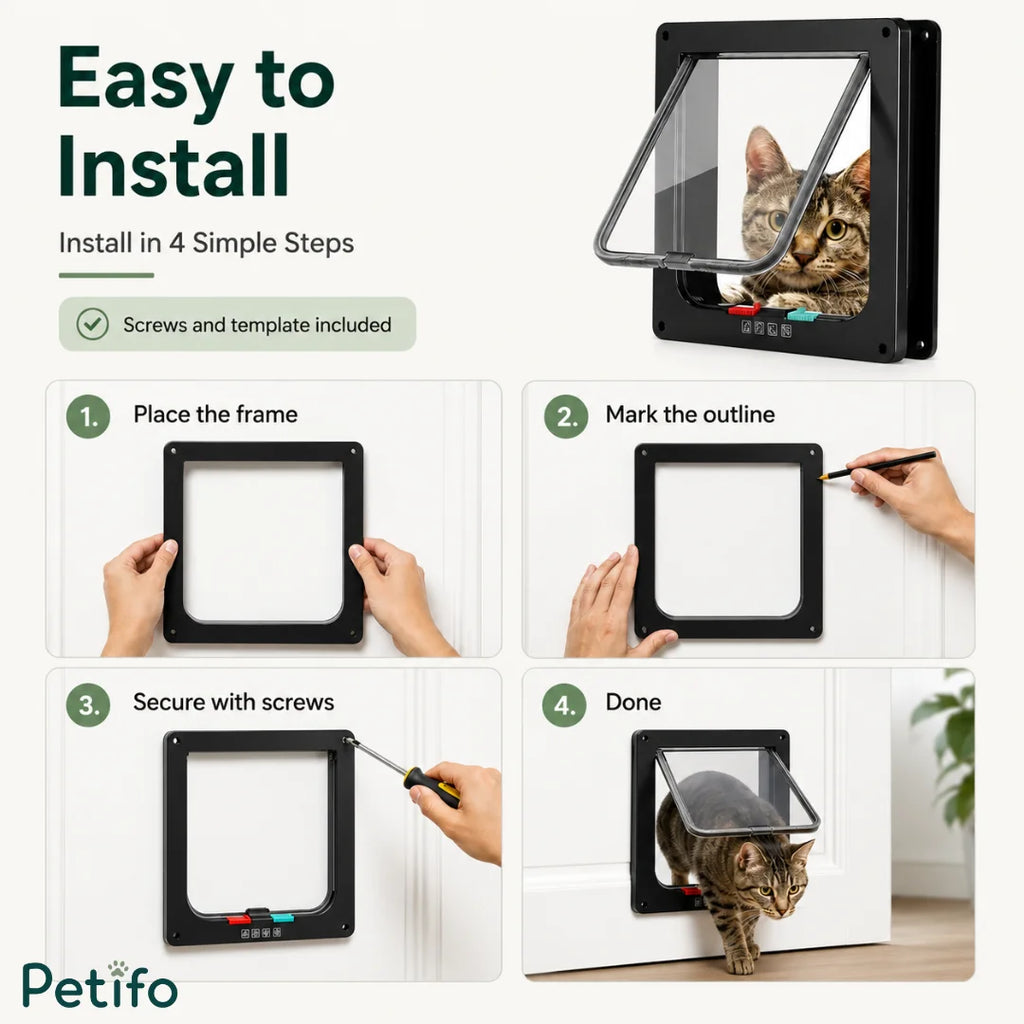 Step-by-step installation guide illustrating how to place the frame, outline the cutout, secure with screws, and complete setup.
