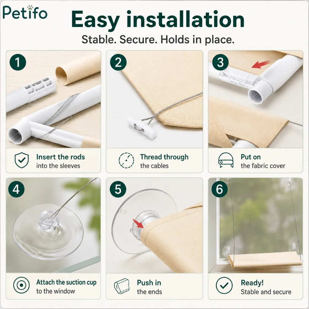 A step-by-step visual instruction guide detailing the six simple assembly and installation steps for the window hammock.