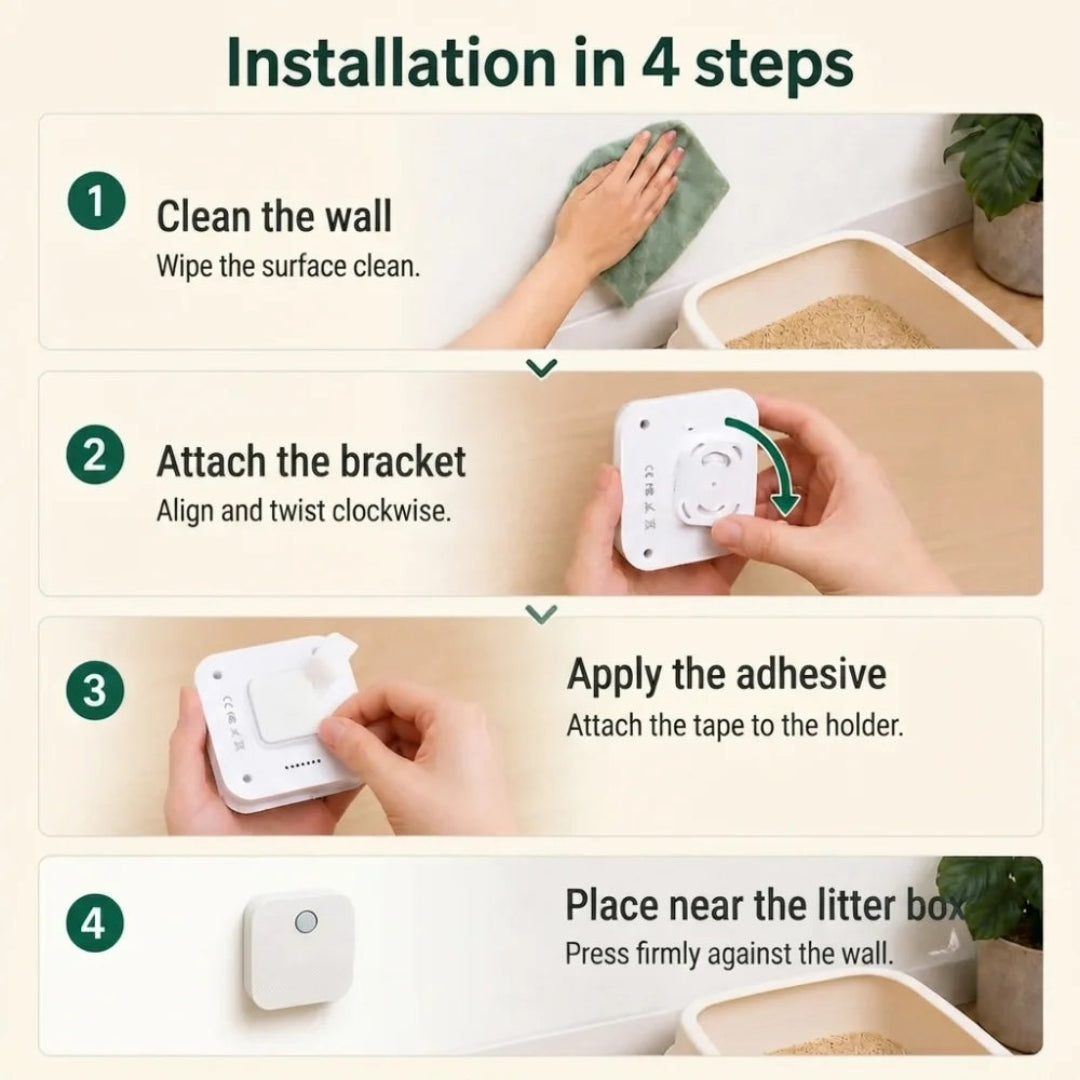 A 4-step instructional guide on how to install the air purifier on a wall.