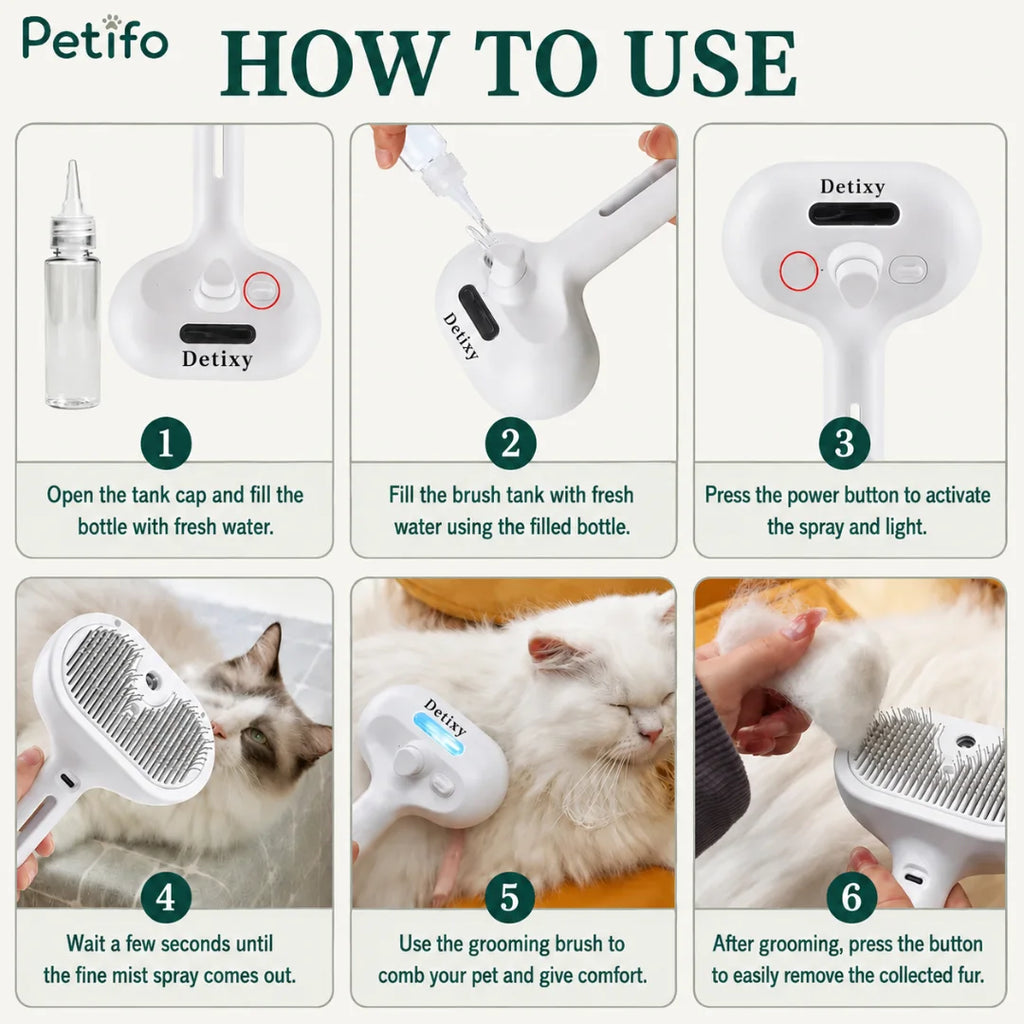 A step-by-step instructional graphic titled "HOW TO USE" illustrating how to fill, spray, groom, and clean the Petifo pet grooming brush.