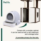 Instructional image demonstrating how a litter box fits inside the Petifo cat tree's wooden base cabinet, providing a private and discreet bathroom solution for cats.
