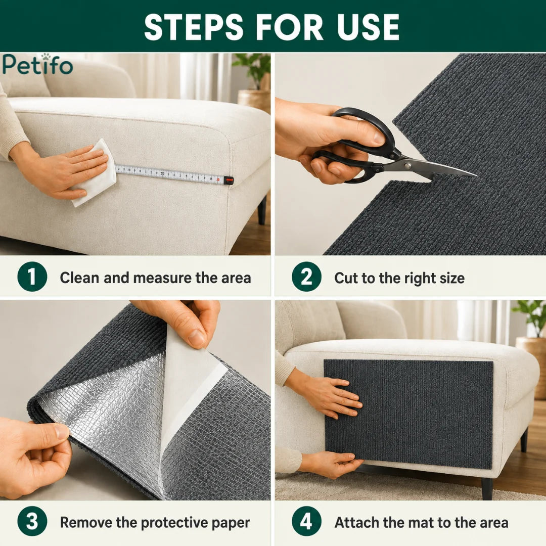 Four-step instructions for using the Petifo scratch mats: clean and measure the area, cut to the right size, remove the protective paper, and attach the mat.
