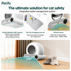 This smart cat litter box features an integrated waste management system with four gravity sensors