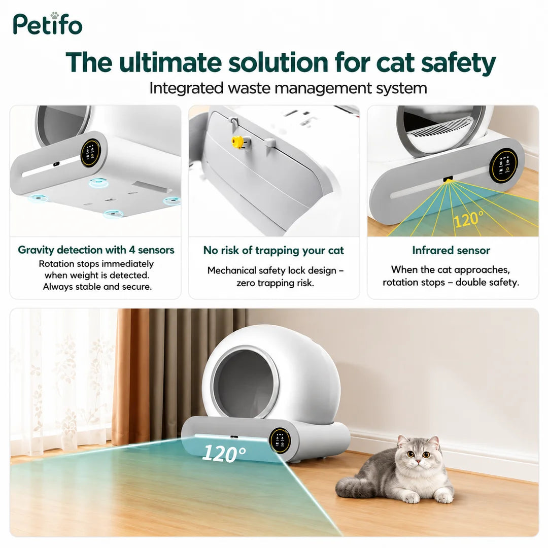 This smart cat litter box features an integrated waste management system with four gravity sensors