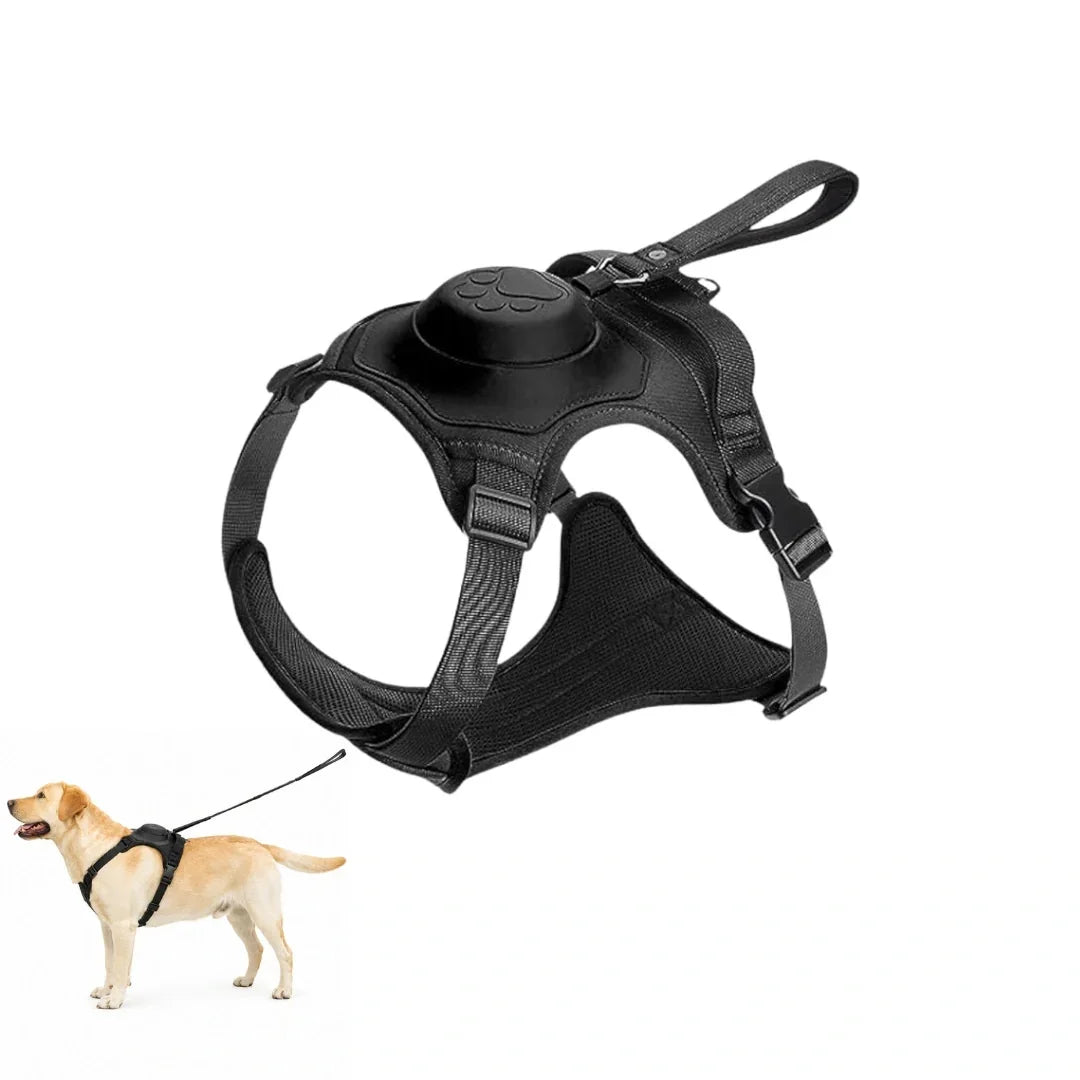 Black tactical dog harness featuring an integrated back handle and leash attachment with a small dog model displayed in the corner.