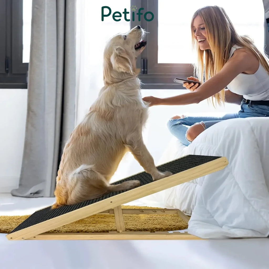 A woman sitting on a bed and interacting with a golden retriever that is perched on a wooden pet ramp.