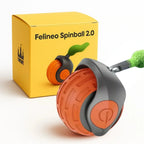 Orange interactive cat smart ball toy shown alongside its yellow product packaging box.