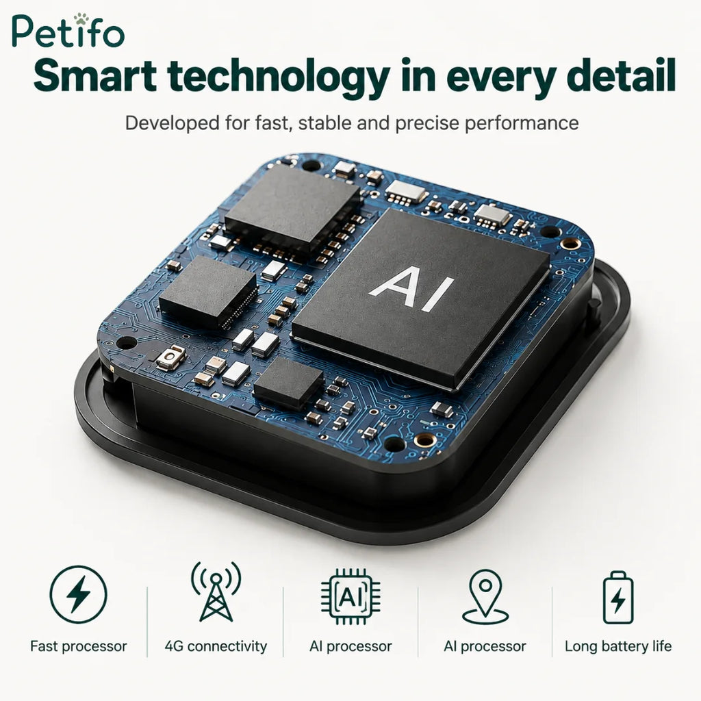 Close-up of the Petifo smart pet tracker's internal AI chip and circuit board, highlighting its fast processor, 4G connectivity, and long battery life capabilities.