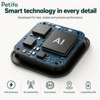 Close-up of the Petifo smart pet tracker's internal AI chip and circuit board, highlighting its fast processor, 4G connectivity, and long battery life capabilities.