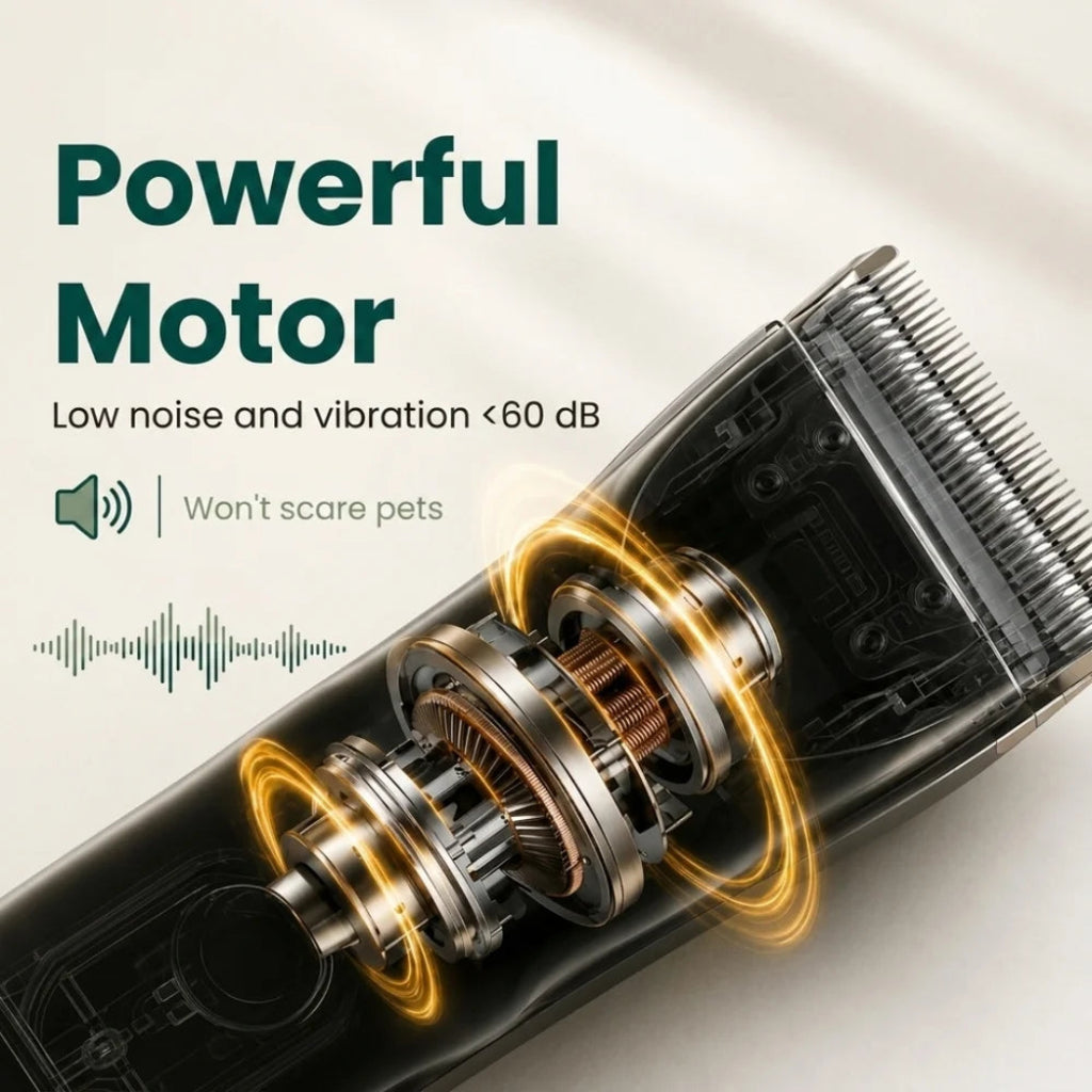 Internal view of the low-noise, low-vibration powerful pet clipper motor.
