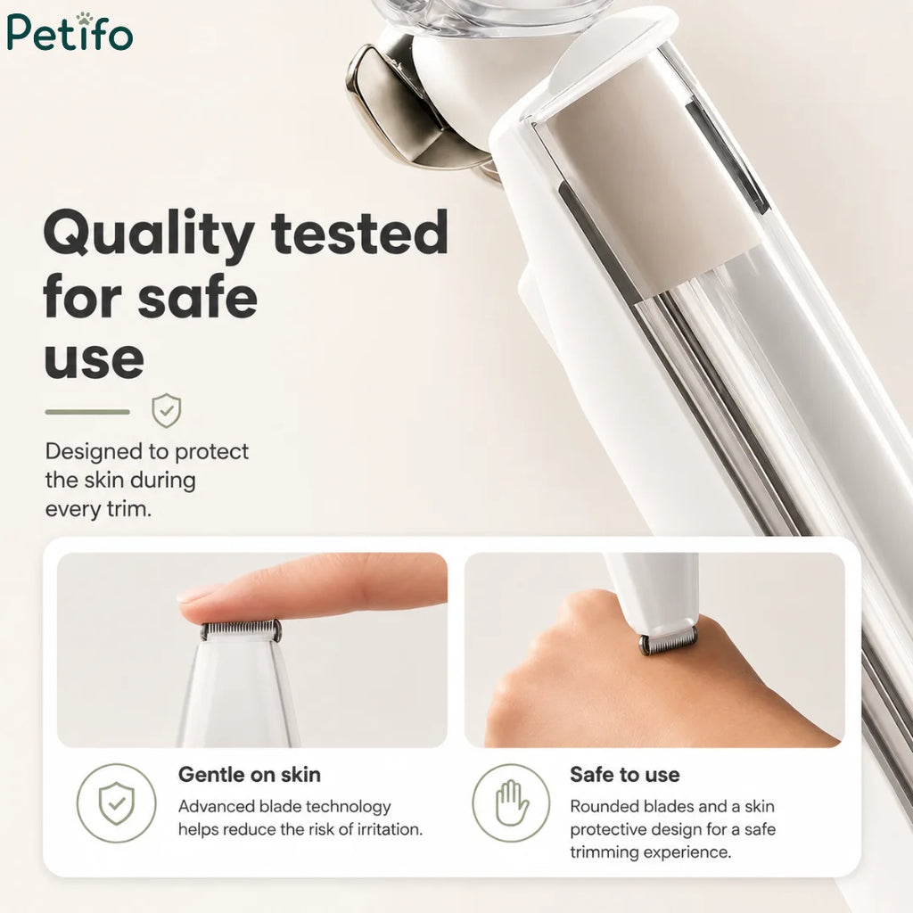 Close-up demonstration of the trimmer's gentle rounded blades resting safely against skin for a secure, irritation-free experience.