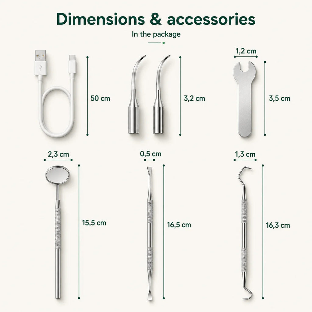 Detixy ultrasonic pet dental scaler kit accessories and precise dimensions for the included teeth cleaning tools.