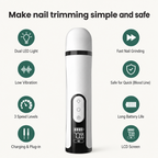 Electric pet nail grinder with an LCD screen, dual LED lights, 3 speed levels, low vibration, and rechargeable battery for safe, fast, and simple nail trimming.
