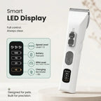 White pet hair clipper showcasing its smart LED display features.
