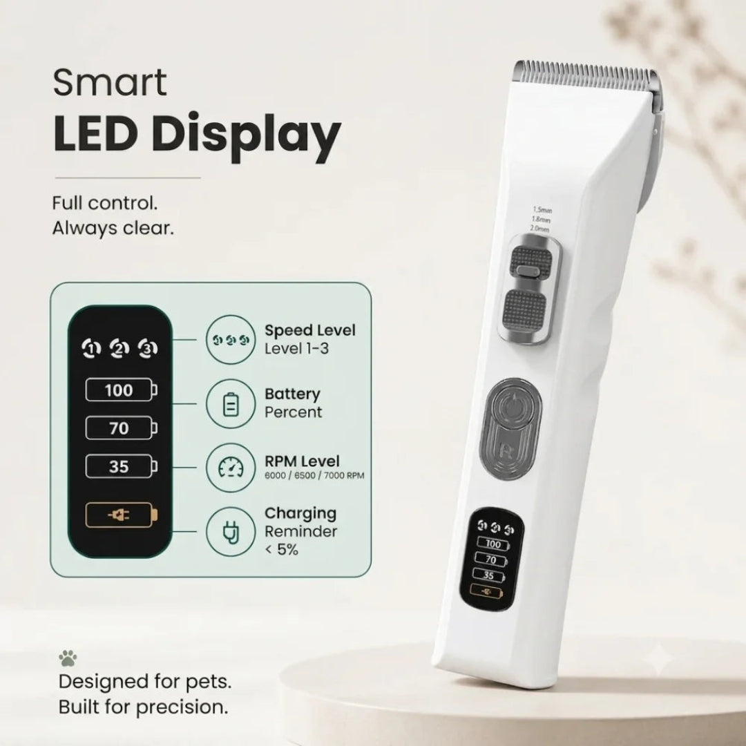 White pet hair clipper showcasing its smart LED display features.