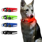 LED light-up dog collar with integrated AirTag holder shown in multiple colors and worn by a dog.
