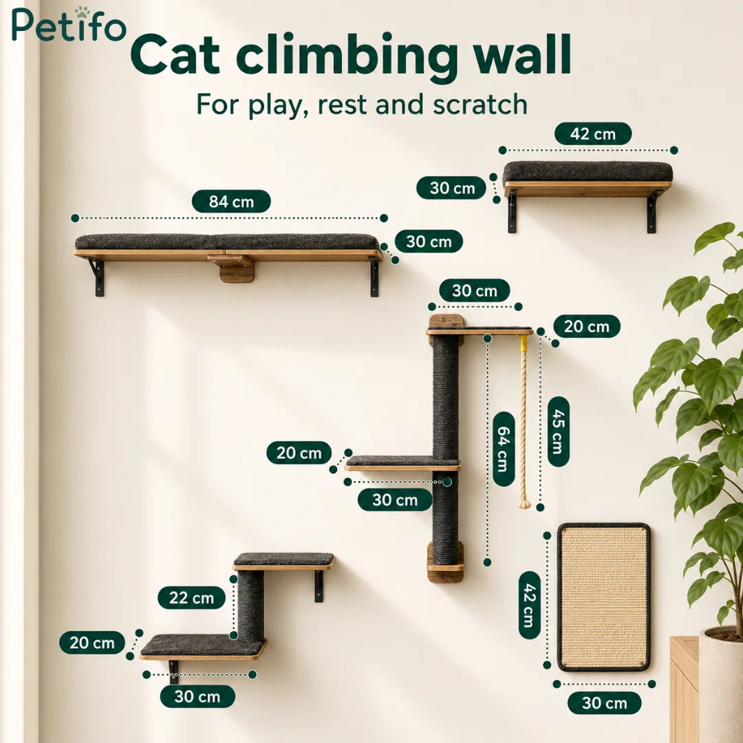 Labeled technical diagram displaying the dimensions of various components in the Petifo cat climbing wall system.
