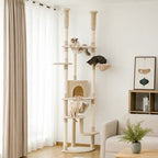 Large beige multi-level cat tower featuring multiple platforms and climbing space for three cats in a bright, cozy home interior.