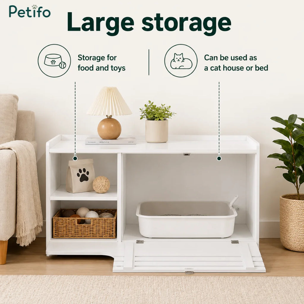 An infographic highlighting the large storage capacity of the Petifo cabinet, which provides organized space for food and toys while serving as a comfortable cat house or bed.