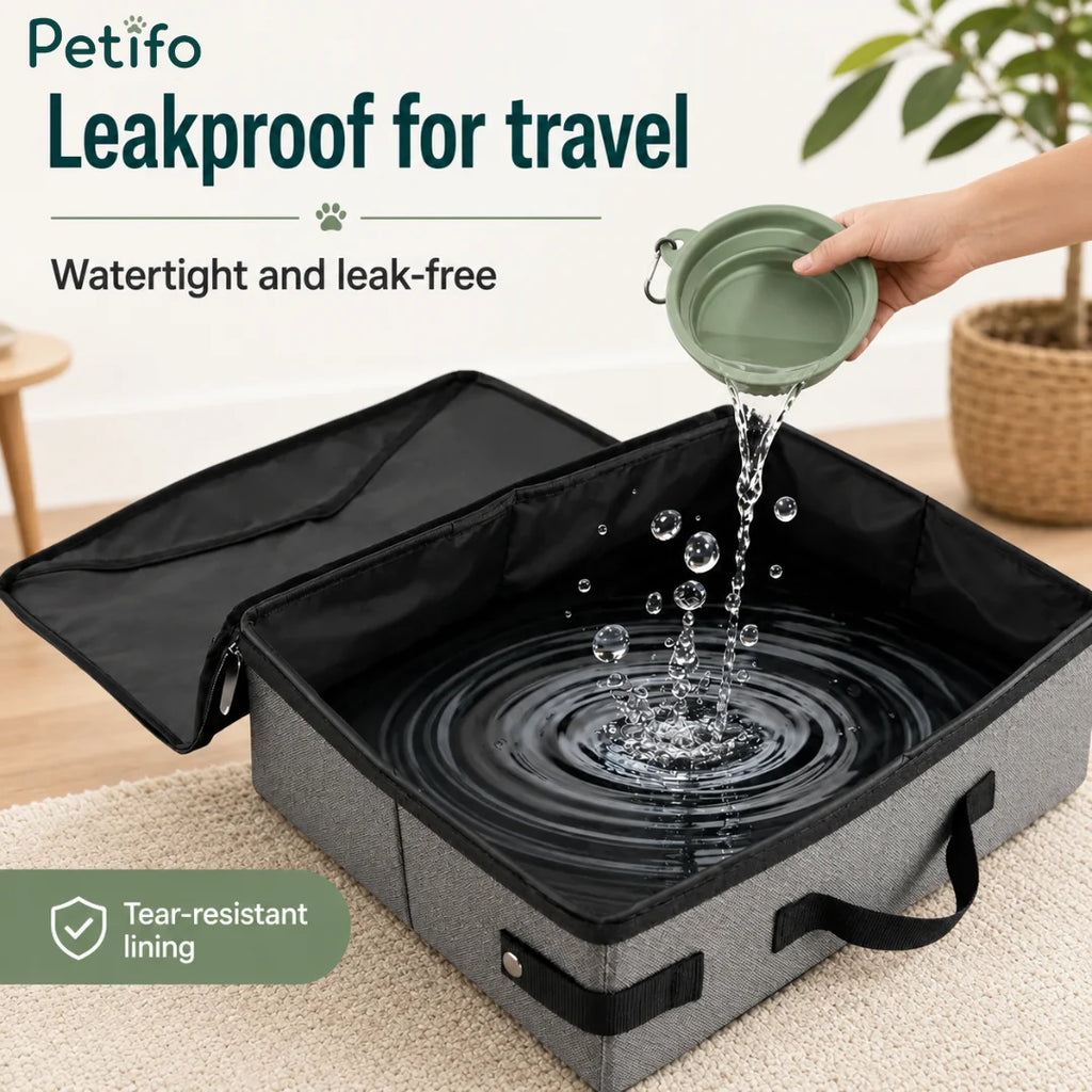 Leakproof and watertight lining demonstration of the portable travel litter box for cats.