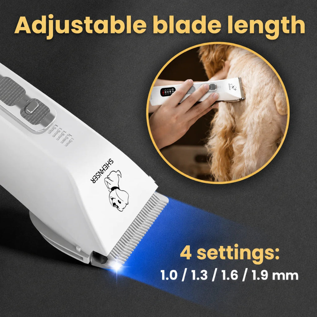 SMEHNSER D9 pet trimmer showing an adjustable cutting length feature with 4 length settings from 1.0mm to 1.9mm.