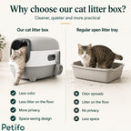 Comparison chart showing the benefits of a covered cat litter box with less odor and litter scatter versus a regular open litter tray.