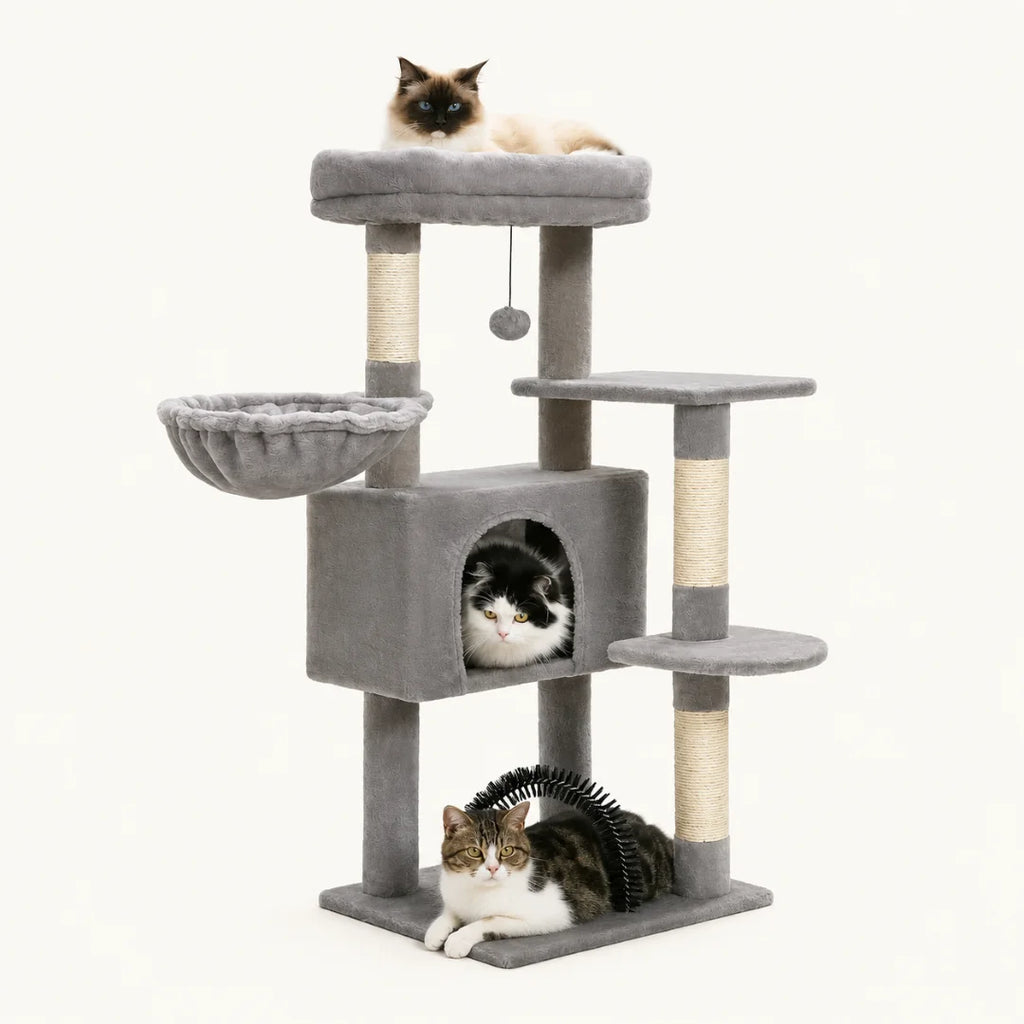 High-quality product image of a Light Grey multi-level cat tree featuring three cats resting in the condo, hammock, and top bed.