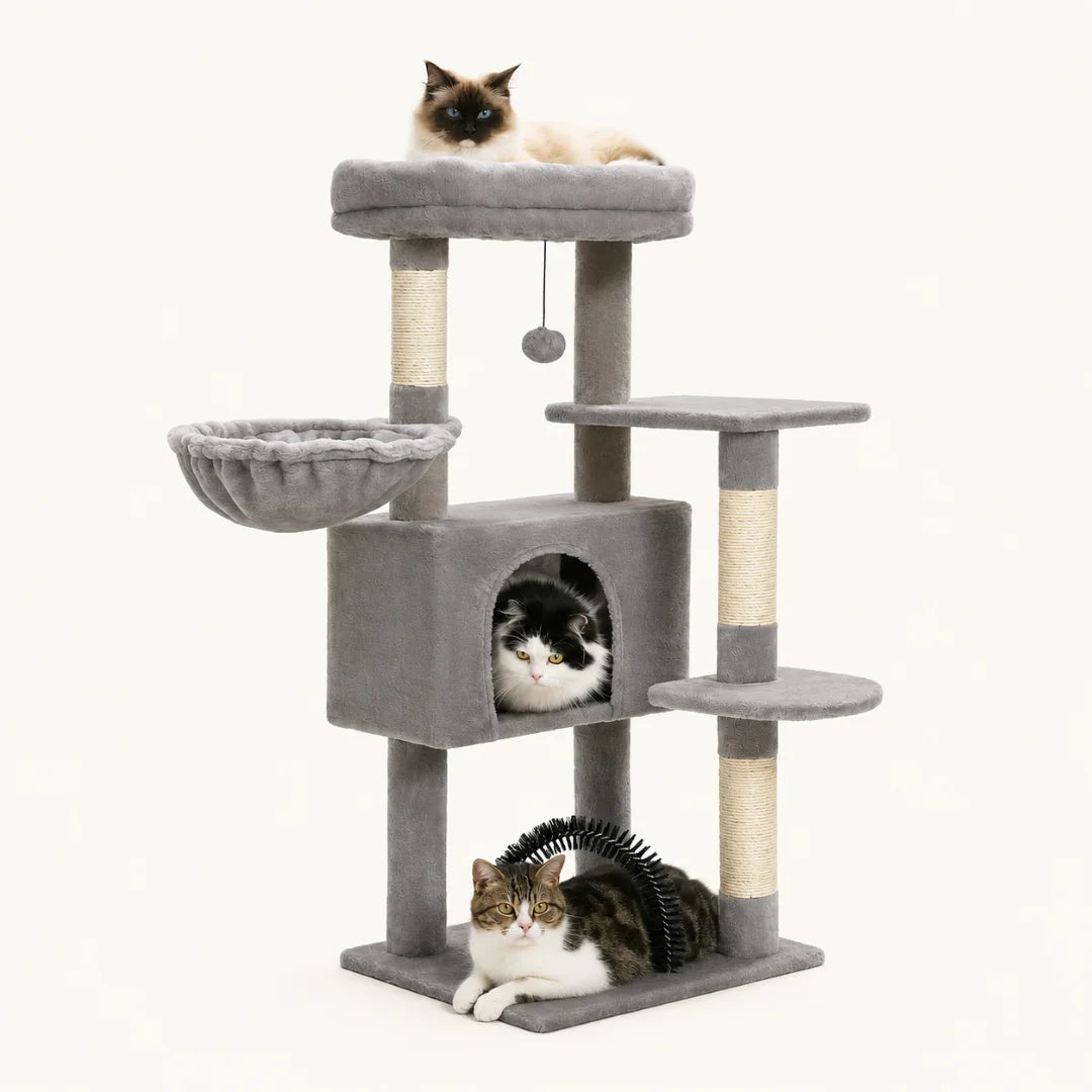 High-quality product image of a Light Grey multi-level cat tree featuring three cats resting in the condo, hammock, and top bed.