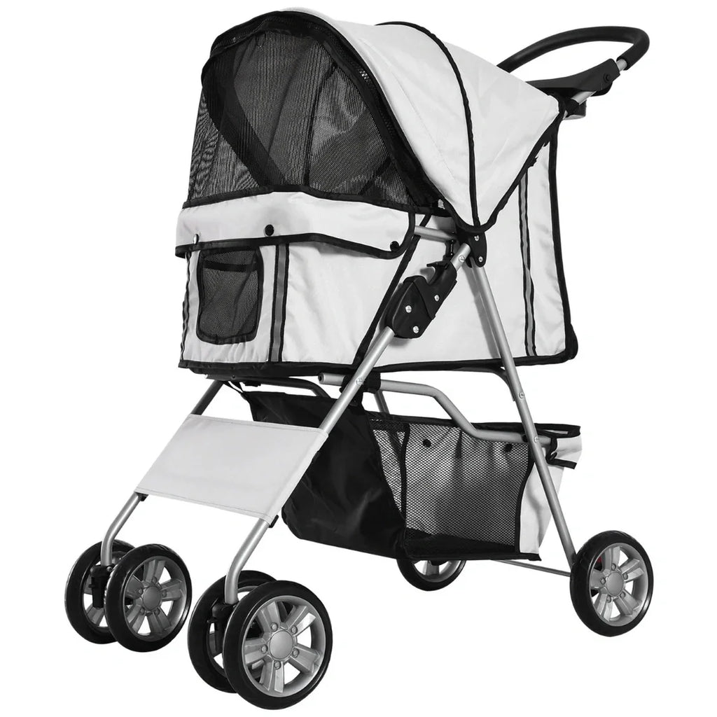Full view of the light grey Petifo pet stroller with mesh windows, canopy, and storage basket.