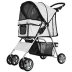 Full view of the light grey Petifo pet stroller with mesh windows, canopy, and storage basket.