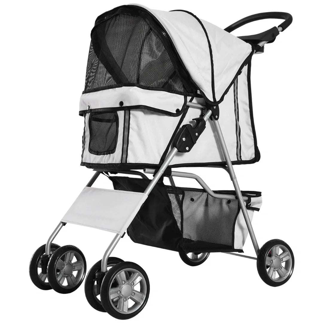 Full view of the light grey Petifo pet stroller with mesh windows, canopy, and storage basket.