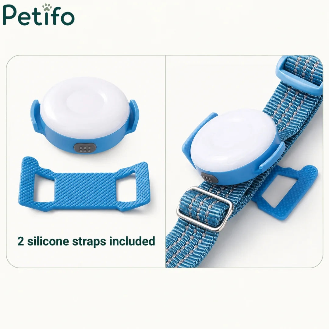 Petifo dog safety light kit with two included blue silicone attachment straps.