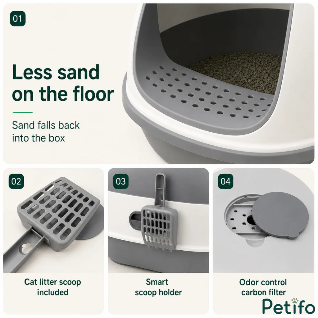 Detail breakdown showing the litter-trapping grated step, included scoop, smart holder, and odor control carbon filter.