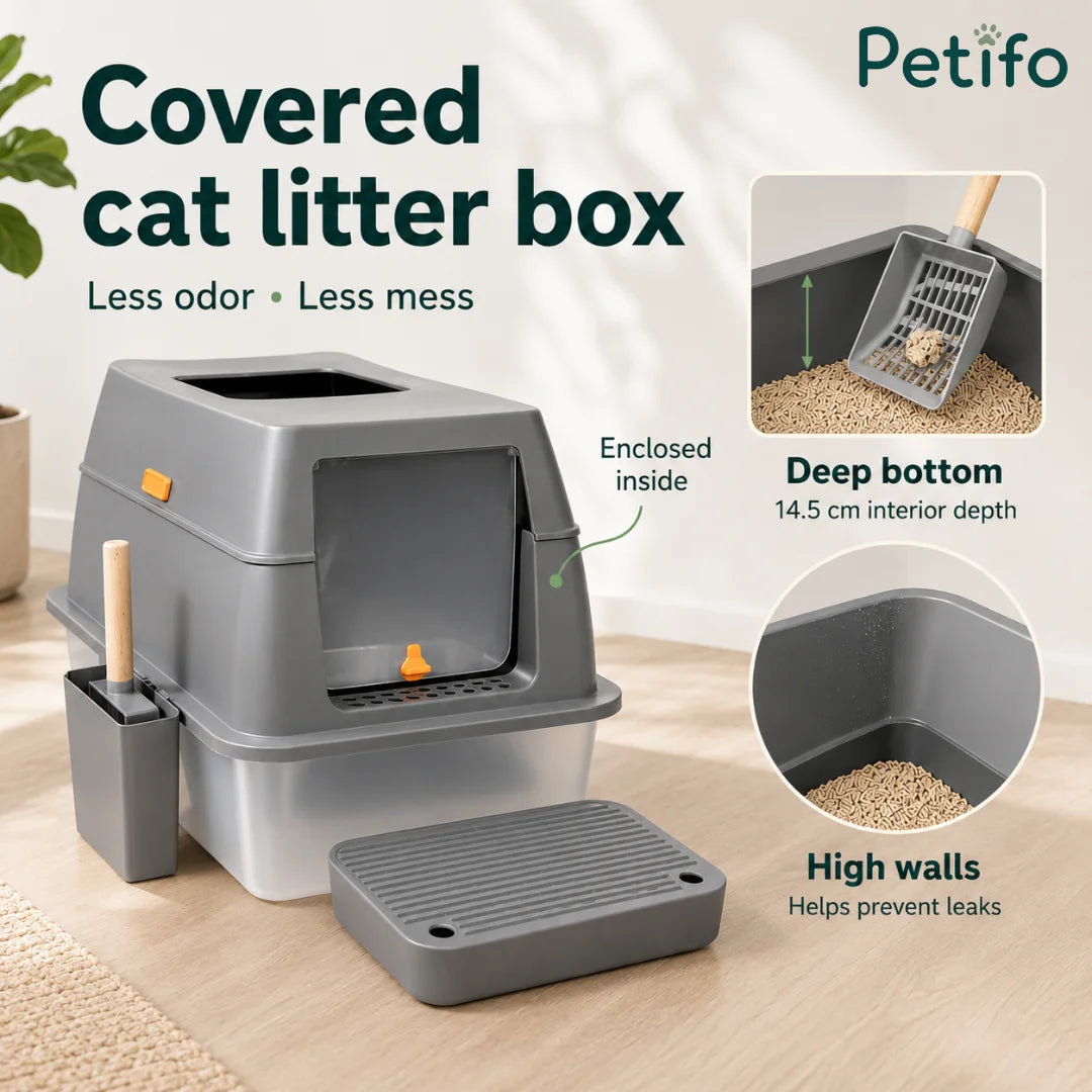 Features of a covered cat litter box with deep 14.5 cm walls to minimize odor and mess, including a scoop and mat.