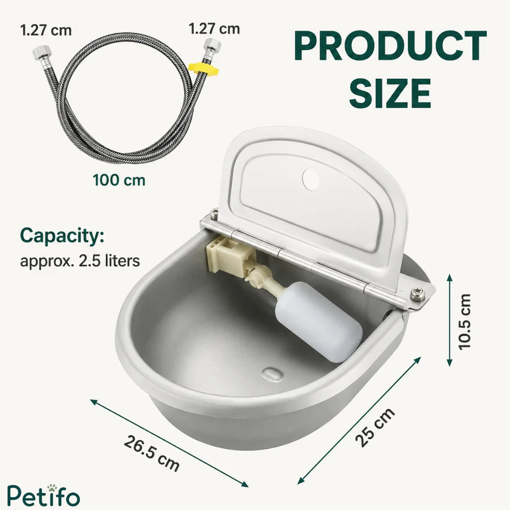 Product size and dimension diagram of the automatic stainless steel livestock water bowl with hose length.